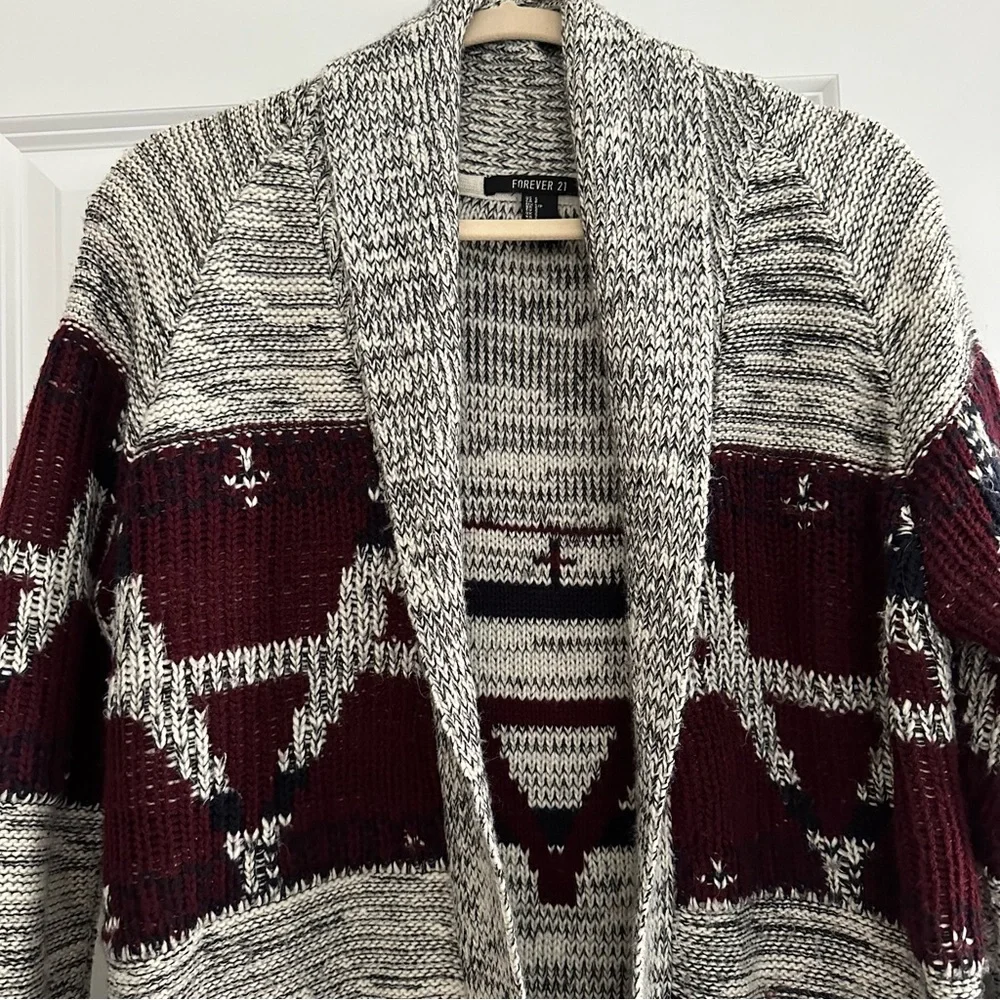 Fair Isle Fall Grey & Burgundy Open Front Oversized Cardigan Sweater